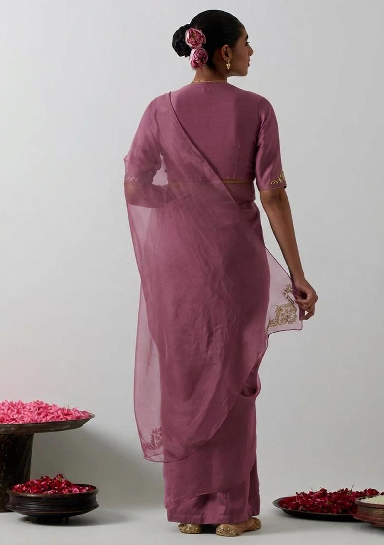 Mauve Organza Handwork Pre Draped Saree Set - Indya