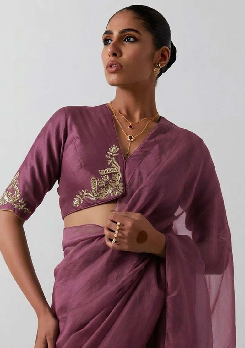 Mauve Organza Handwork Pre Draped Saree Set - Indya