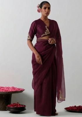 Deep Wine Organza Handwork Pre Draped Saree Set