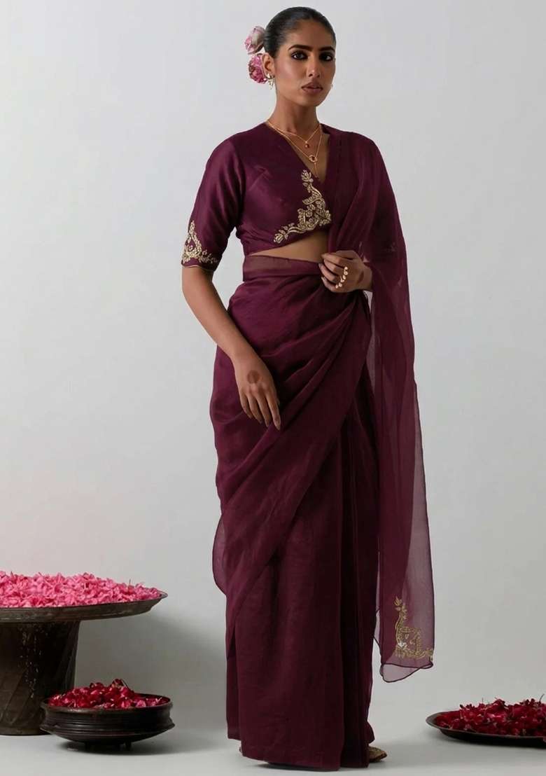 Deep Wine Organza Handwork Pre Draped Saree Set - Indya