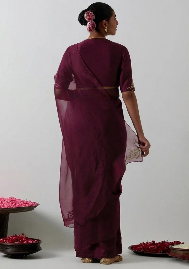 Deep Wine Organza Handwork Pre Draped Saree Set - Indya