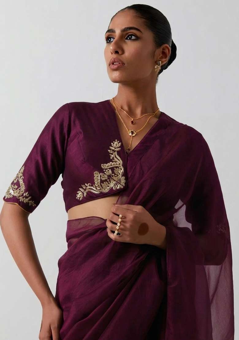 Deep Wine Organza Handwork Pre Draped Saree Set - Indya