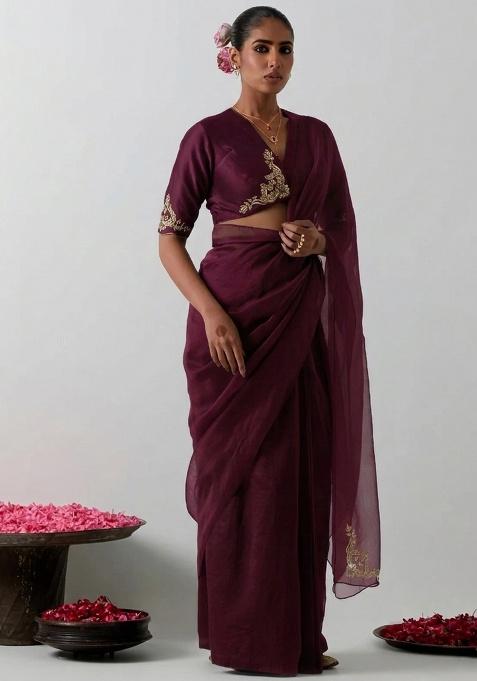 Deep Wine Organza Handwork Pre Draped Saree Set
