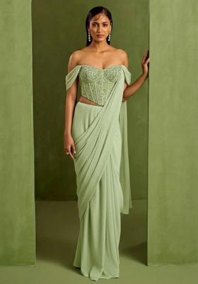 Sage Green Crepe Handwork Pre Draped Saree Set