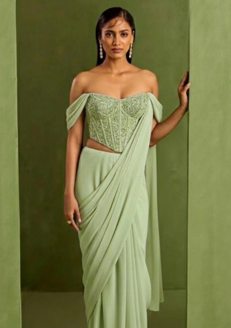 Sage Green Crepe Handwork Pre Draped Saree Set - Indya