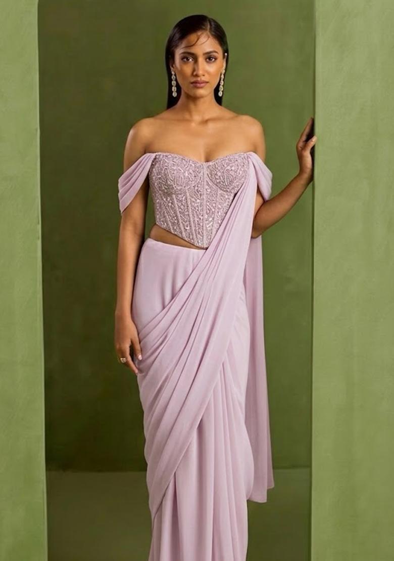 Pastel Pink Crepe Handwork Pre Draped Saree Set - Indya