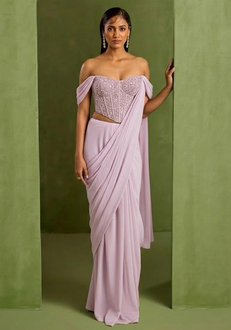 Pastel Pink Crepe Handwork Pre Draped Saree Set — view on Indya