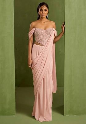 Pink Crepe Handwork Pre Draped Saree Set