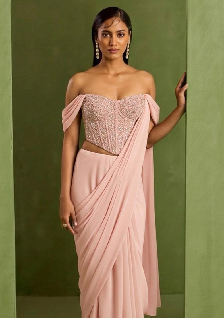 Pink Crepe Handwork Pre Draped Saree Set - Indya