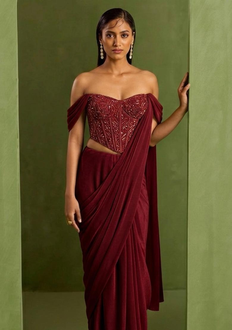 Brown Crepe Handwork Pre Draped Saree Set - Indya