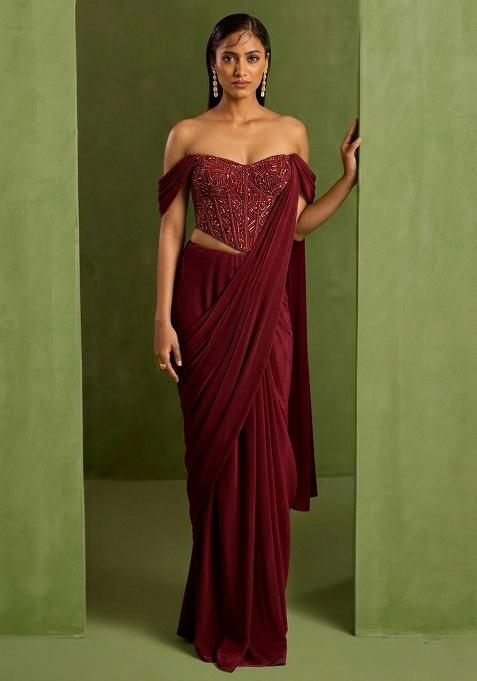 Brown Crepe Handwork Pre Draped Saree Set