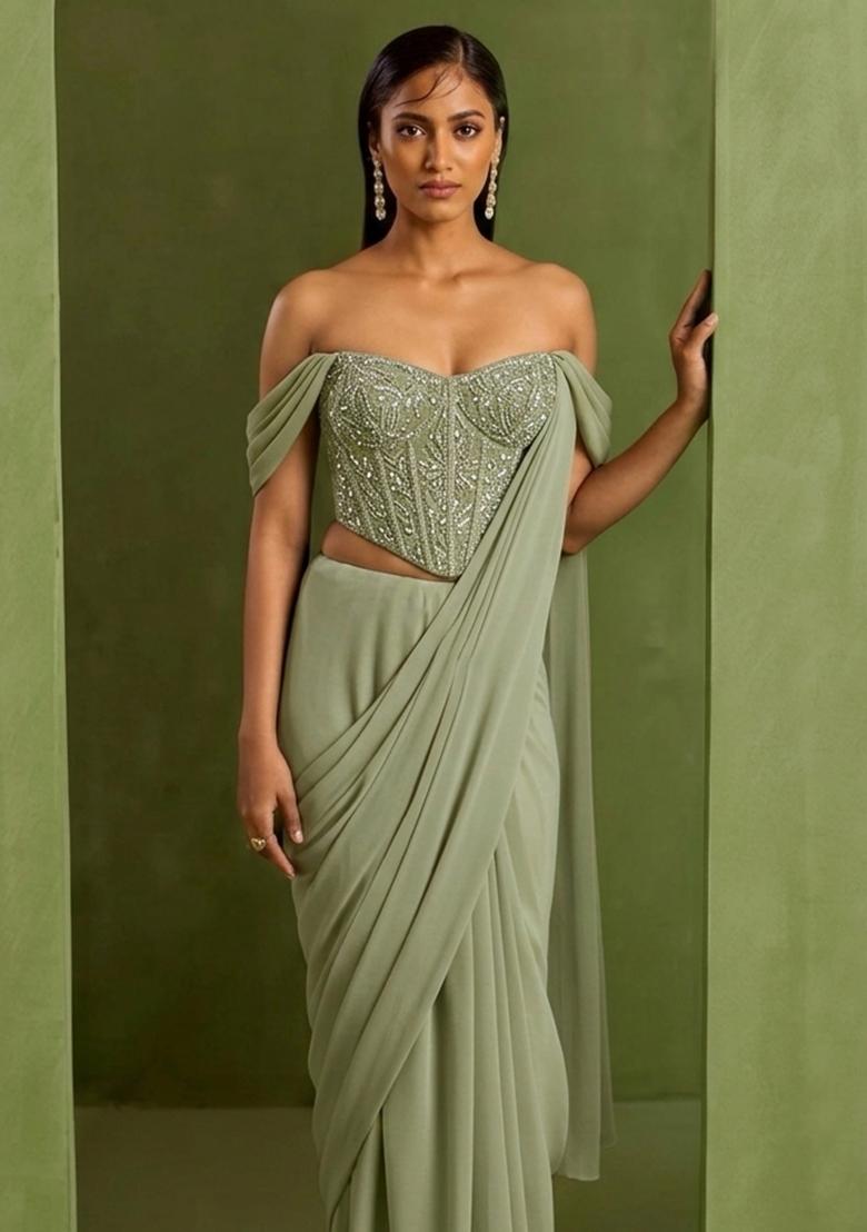 Pastel Green Crepe Handwork Pre Draped Saree Set - Indya