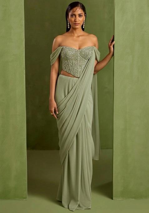 Pastel Green Crepe Handwork Pre Draped Saree Set — view on Indya