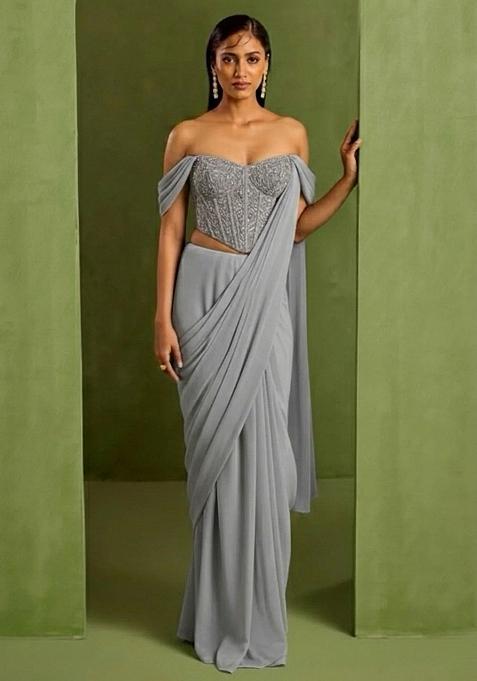Grey Crepe Handwork Pre Draped Saree Set
