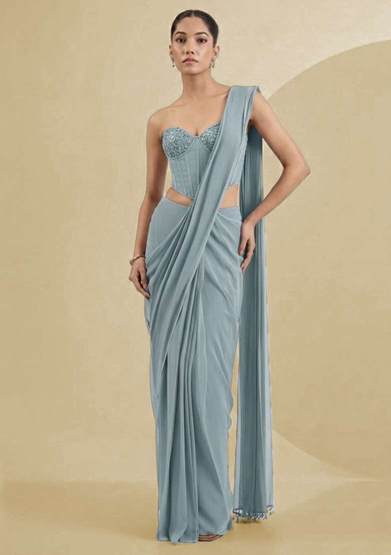 Mist Grey Georgette Handwork Pre Draped Saree Set - Indya
