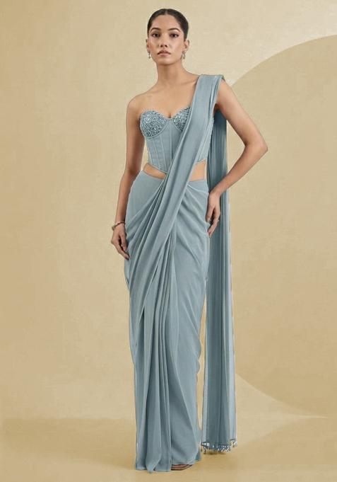 Mist Grey Georgette Handwork Pre Draped Saree Set