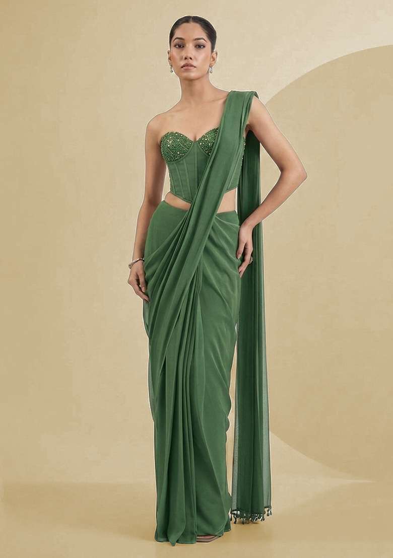 Sage Green Georgette Handwork Pre Draped Saree Set - Indya