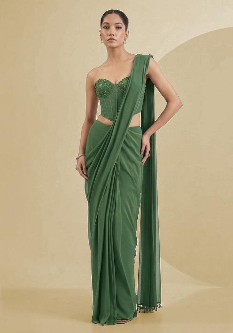 Sage Green Georgette Handwork Pre Draped Saree Set