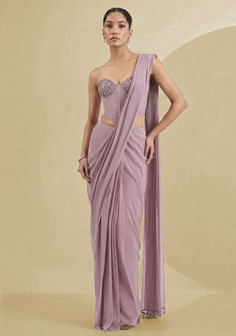 Pink Georgette Handwork Pre Draped Saree Set - Indya
