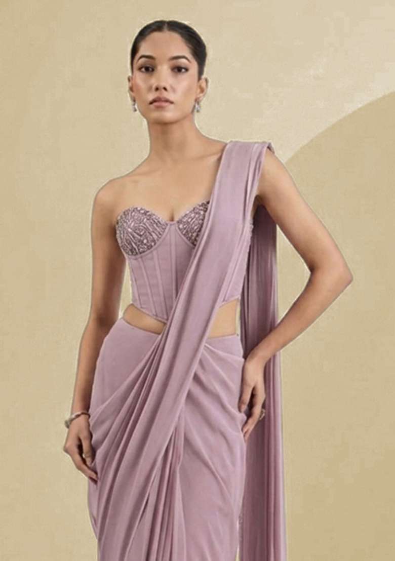 Pink Georgette Handwork Pre Draped Saree Set - Indya