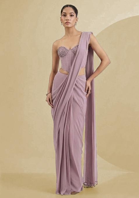 Pink Georgette Handwork Pre Draped Saree Set