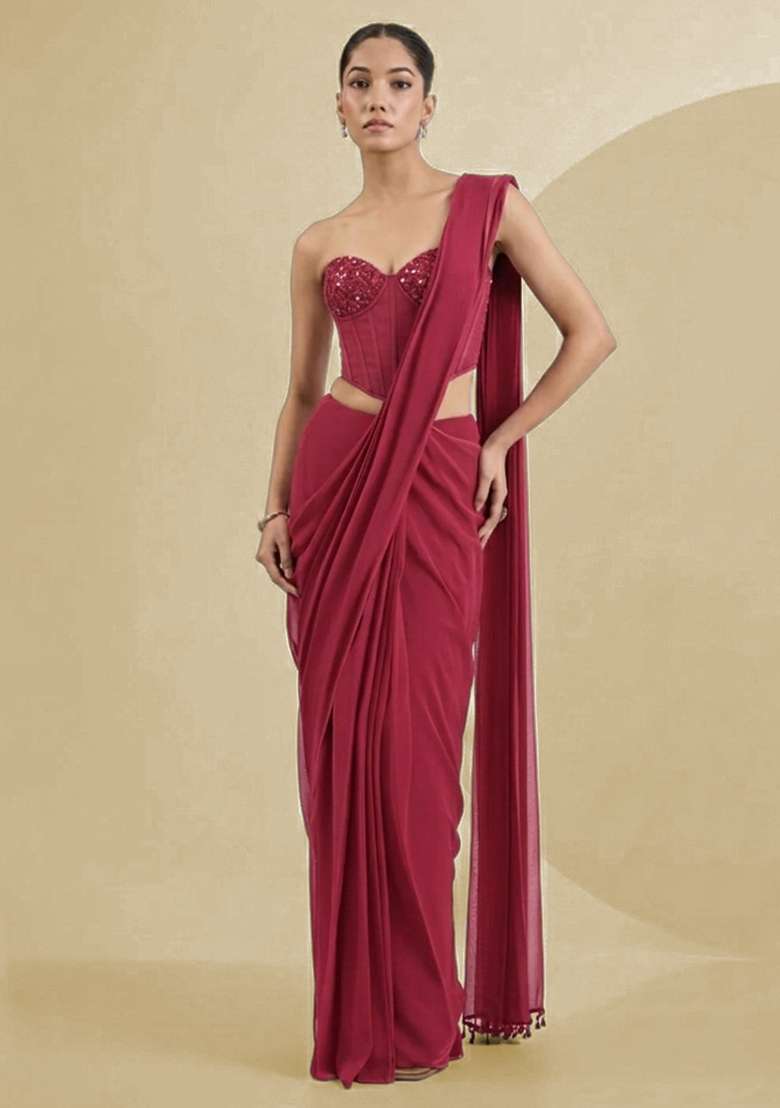 Wine Georgette Handwork Pre Draped Saree Set - Indya