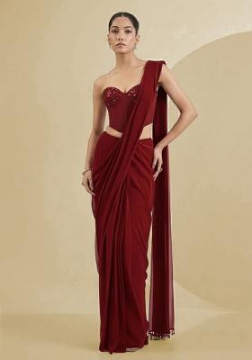 Brown Georgette Handwork Pre Draped Saree Set