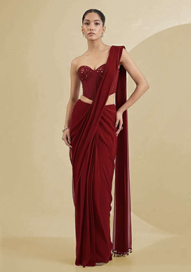 Brown Georgette Handwork Pre Draped Saree Set - Indya