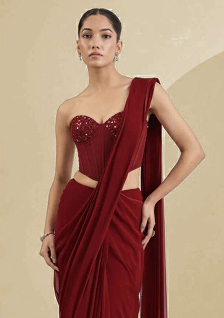 Brown Georgette Handwork Pre Draped Saree Set - Indya
