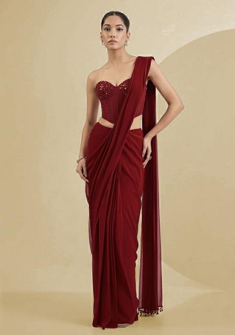 Brown Georgette Handwork Pre Draped Saree Set