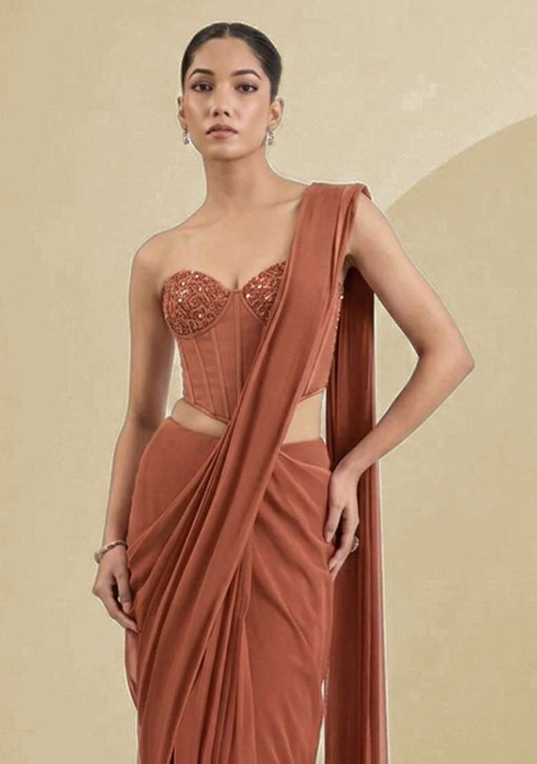 Brown Georgette Handwork Pre Draped Saree Set - Indya
