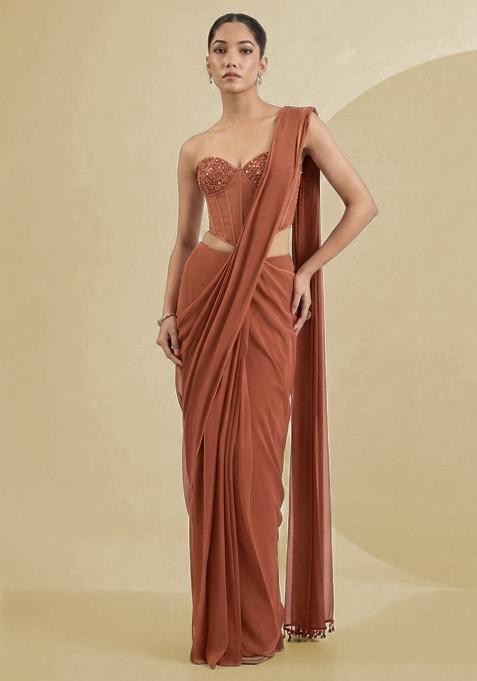 Brown Georgette Handwork Pre Draped Saree Set — view on Indya