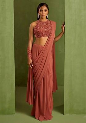 Brown Crepe Handwork Pre Draped Saree Set