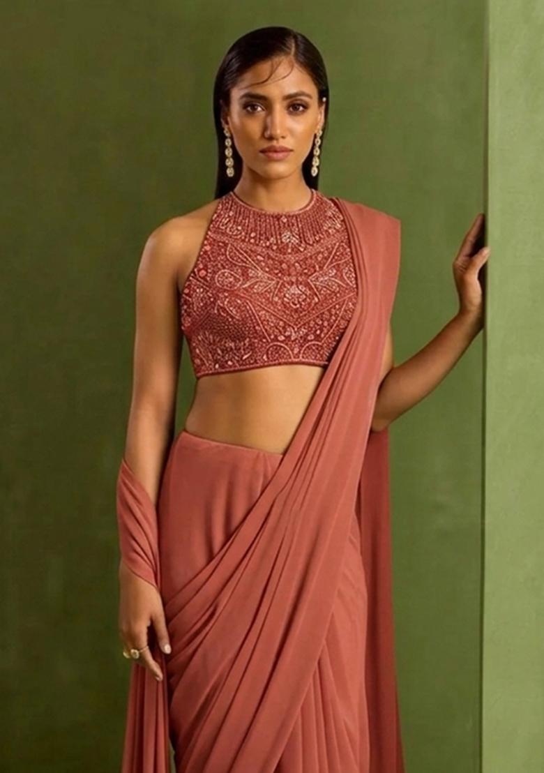 Brown Crepe Handwork Pre Draped Saree Set - Indya