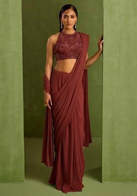 Brown Crepe Handwork Pre Draped Saree Set