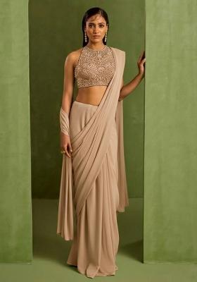 Beige Crepe Handwork Pre Draped Saree Set