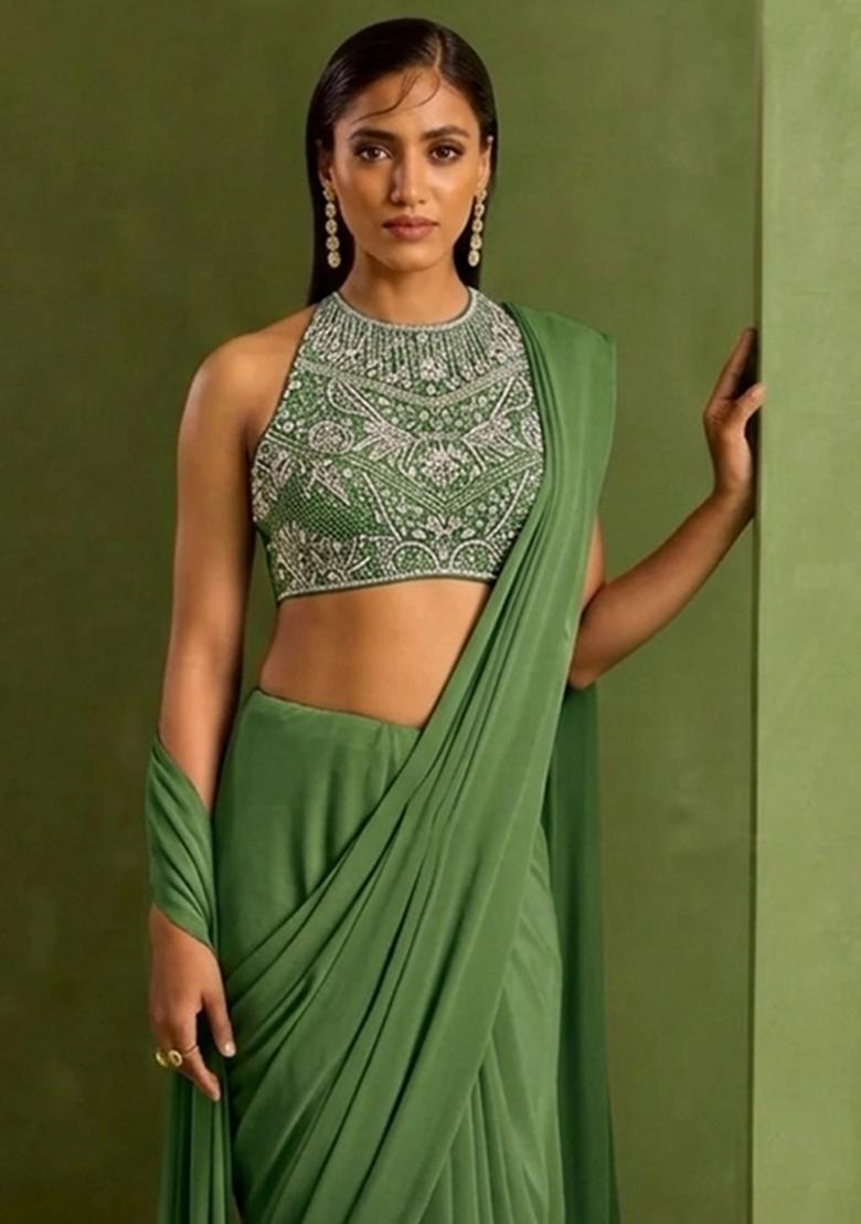 Sage Green Crepe Handwork Pre Draped Saree Set - Indya