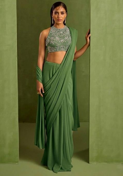 Sage Green Crepe Handwork Pre Draped Saree Set