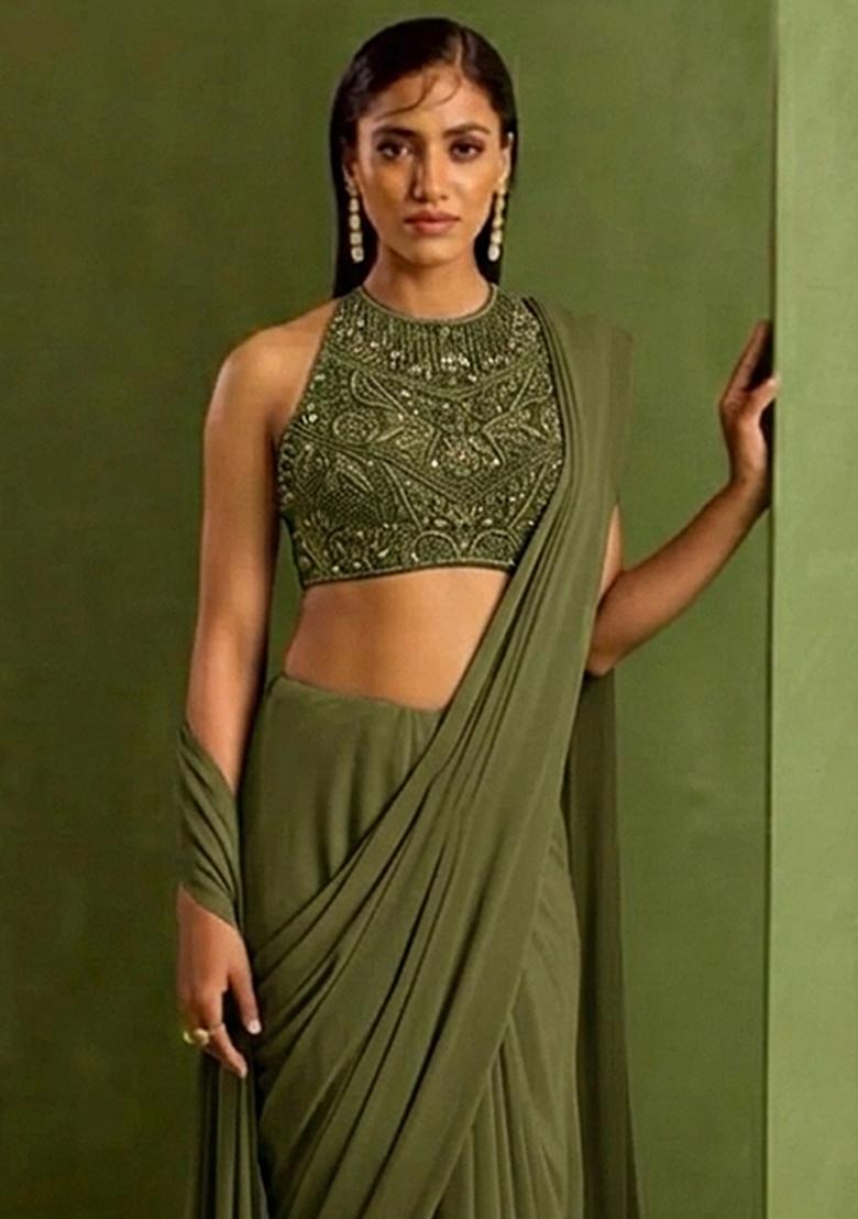 Olive Green Crepe Handwork Pre Draped Saree Set - Indya