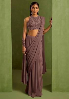 Pink Crepe Handwork Pre Draped Saree Set