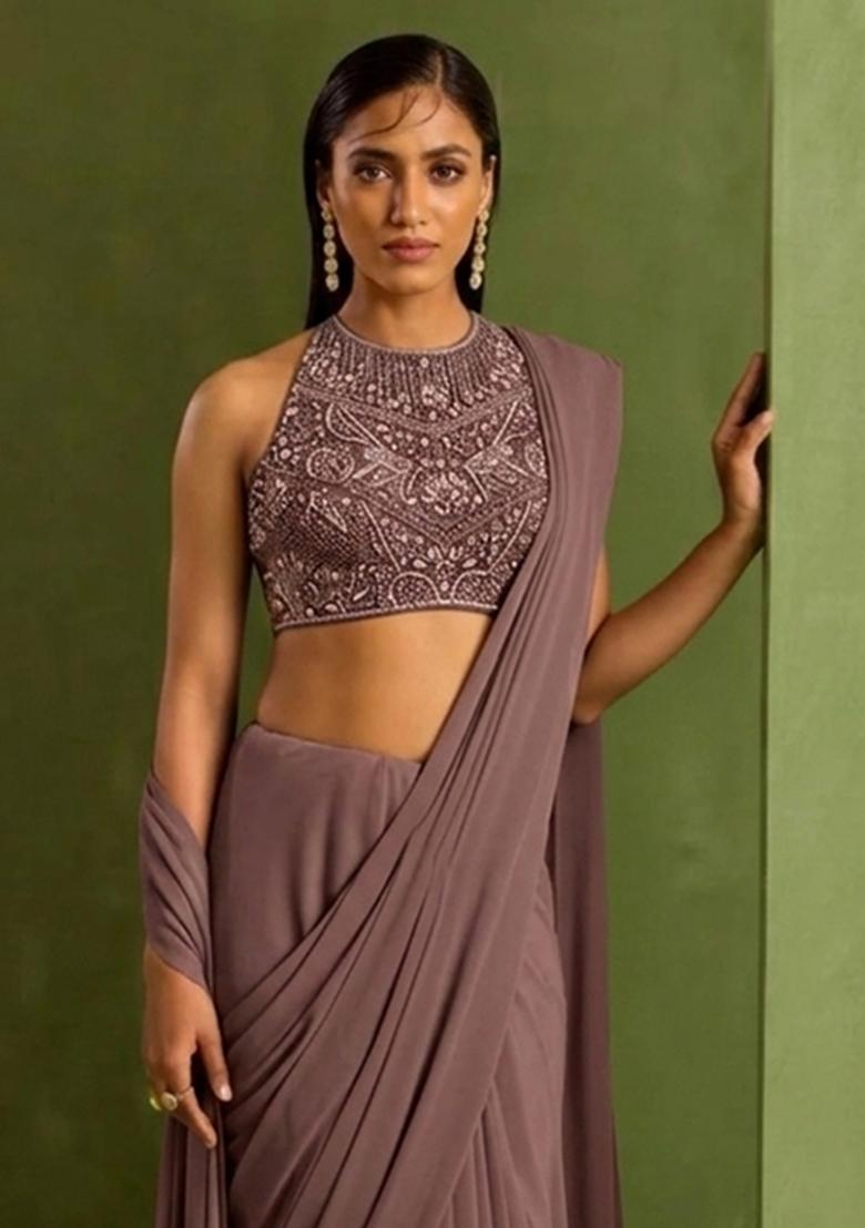 Pink Crepe Handwork Pre Draped Saree Set - Indya