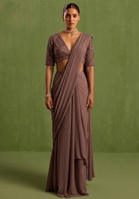 Mauve Georgette Handwork Pre Draped Saree Set