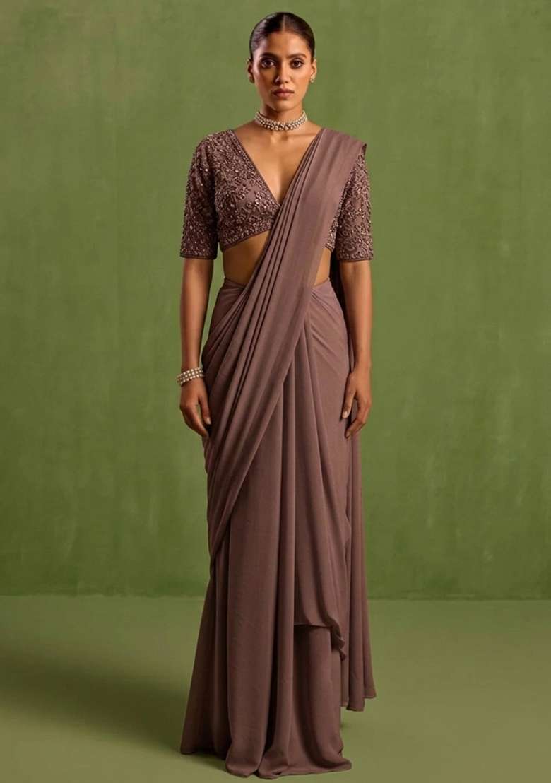 Mauve Georgette Handwork Pre Draped Saree Set - Indya