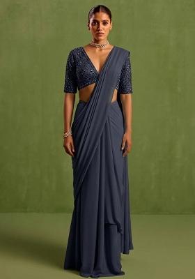 Midnight Blue Georgette Handwork Pre Draped Saree Set