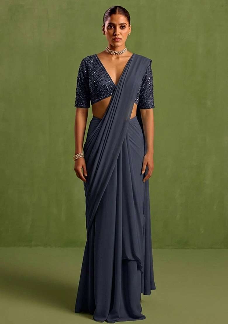 Midnight Blue Georgette Handwork Pre Draped Saree Set - Indya