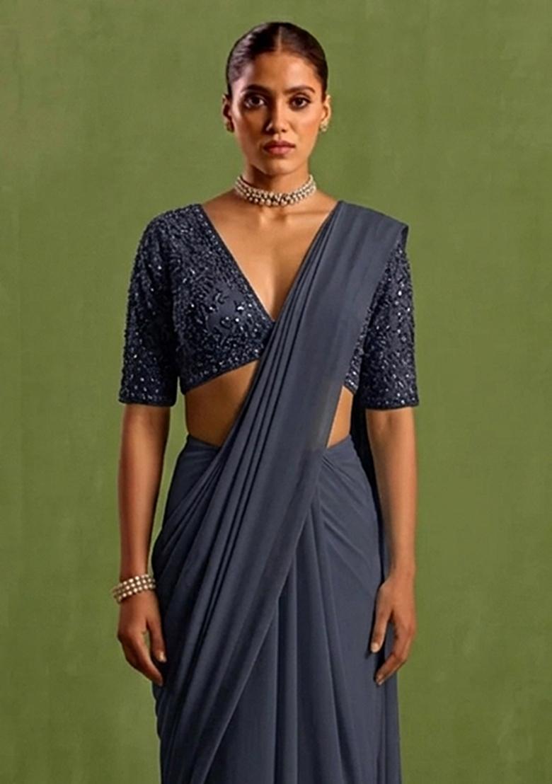 Midnight Blue Georgette Handwork Pre Draped Saree Set - Indya