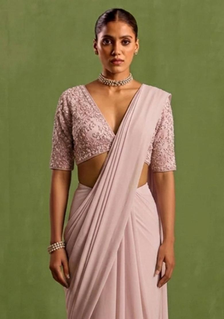 Pink Georgette Handwork Pre Draped Saree Set - Indya