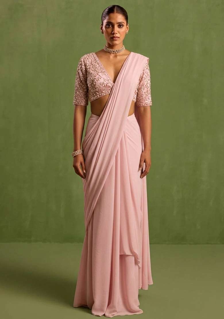 Soft Pink Georgette Handwork Pre Draped Saree Set - Indya