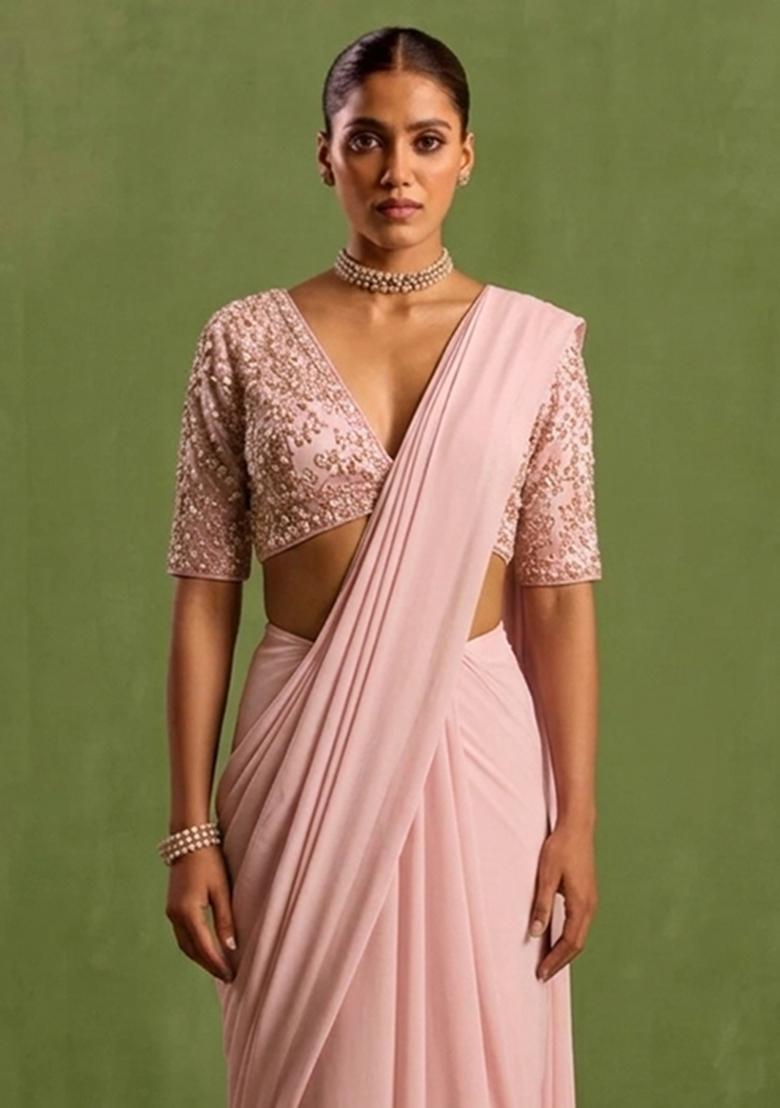 Soft Pink Georgette Handwork Pre Draped Saree Set - Indya