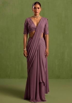 Purple Georgette Handwork Pre Draped Saree Set